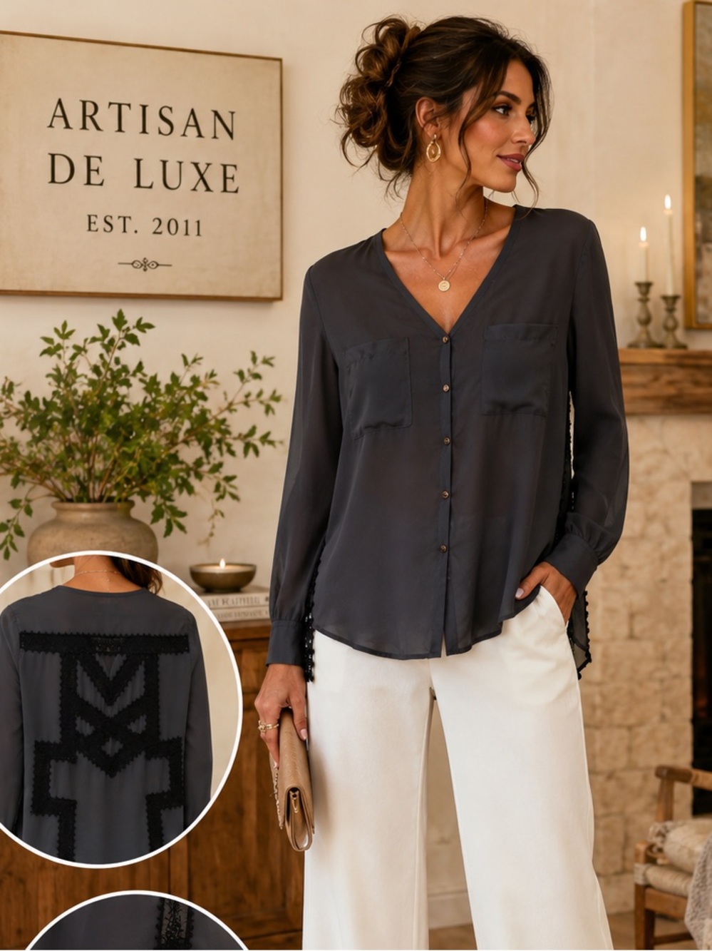 Artisan De Luxe Sheer Lace Inset Boho Blouse Romantic Western Goth Top Size S - Picture 4 of 6